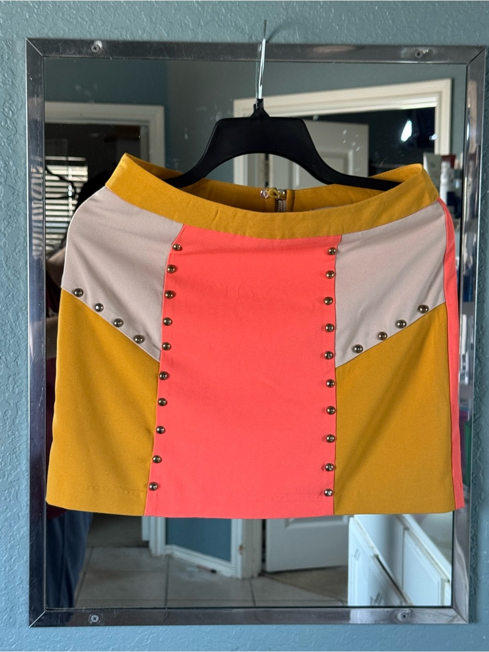 60’s Inspired Colorblock Studded Mini Skirt - Mustard, Coral & Cream